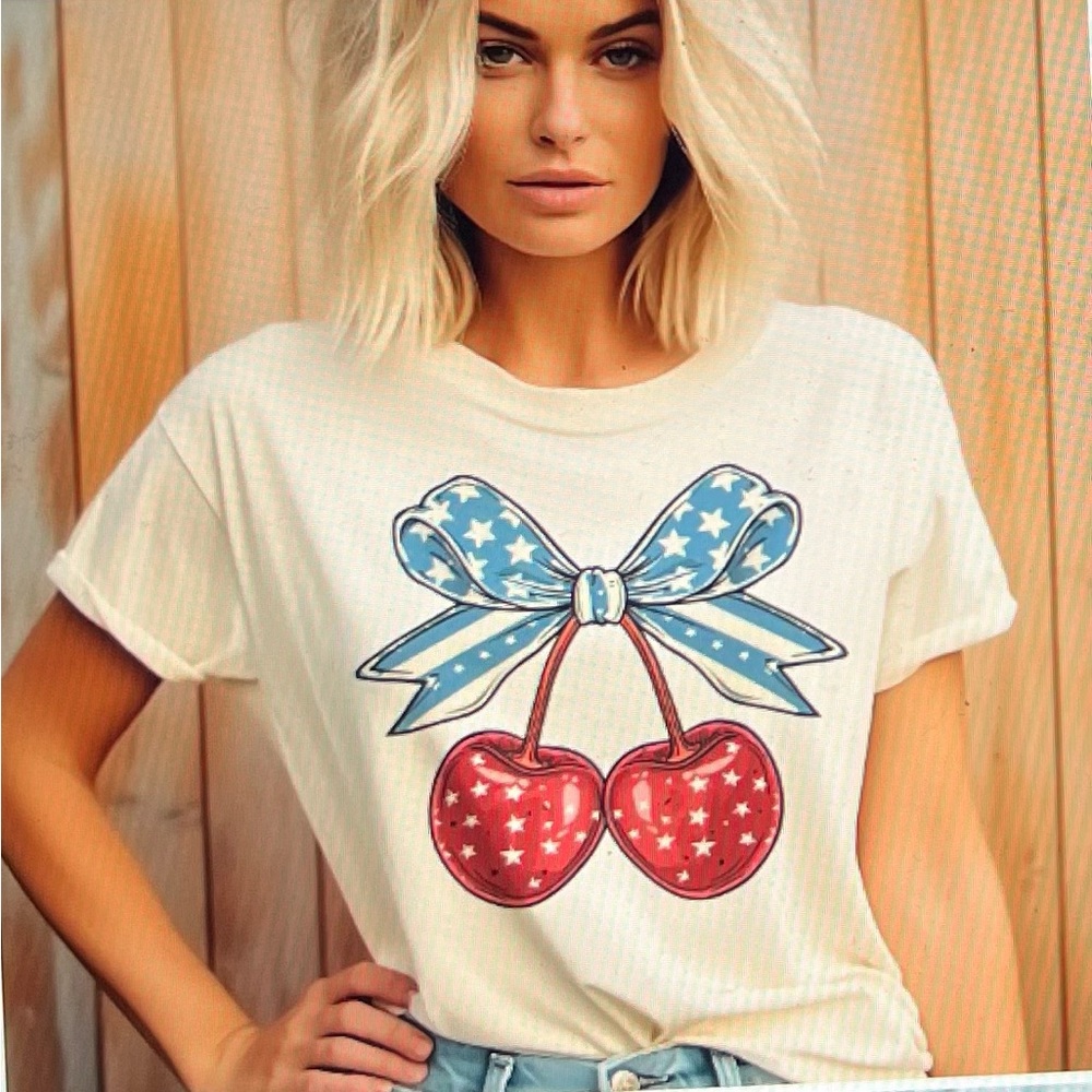 Red White & Blue! Blue Stars and Stripes  Bow, Red Cherry Graphic Relaxed Tee